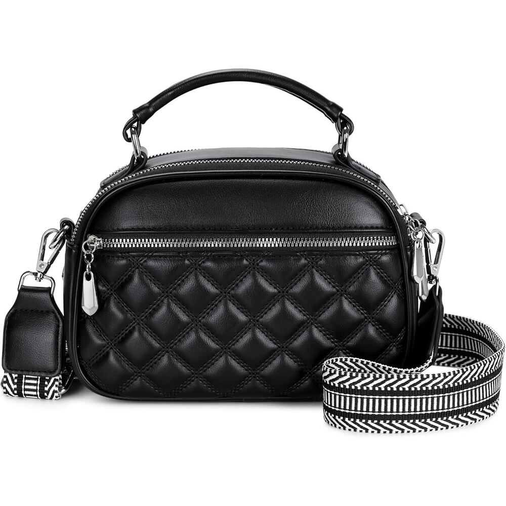 NEW Quilted Black Crossbody Bag | Top Handle Purse w/ Boho Strap